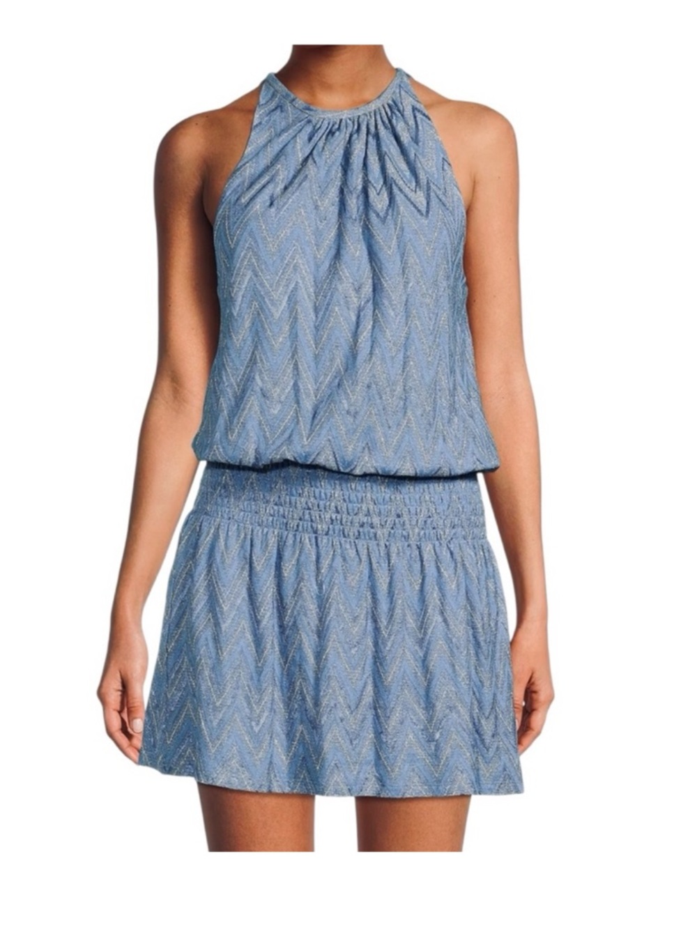 Ramy Brook Chevron Halter Dress Blue Shimmer Design Size Small